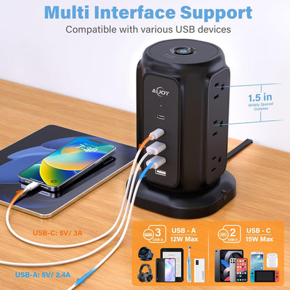 AiJoy Flat Plug Power Strip Tower with 9 Outlets and 5 USB Ports (2 USB-C), 1200J Surge Protection, 1625W Extension Cord with Multiple Outlets Charging Station for Home Dorm Office Supplies