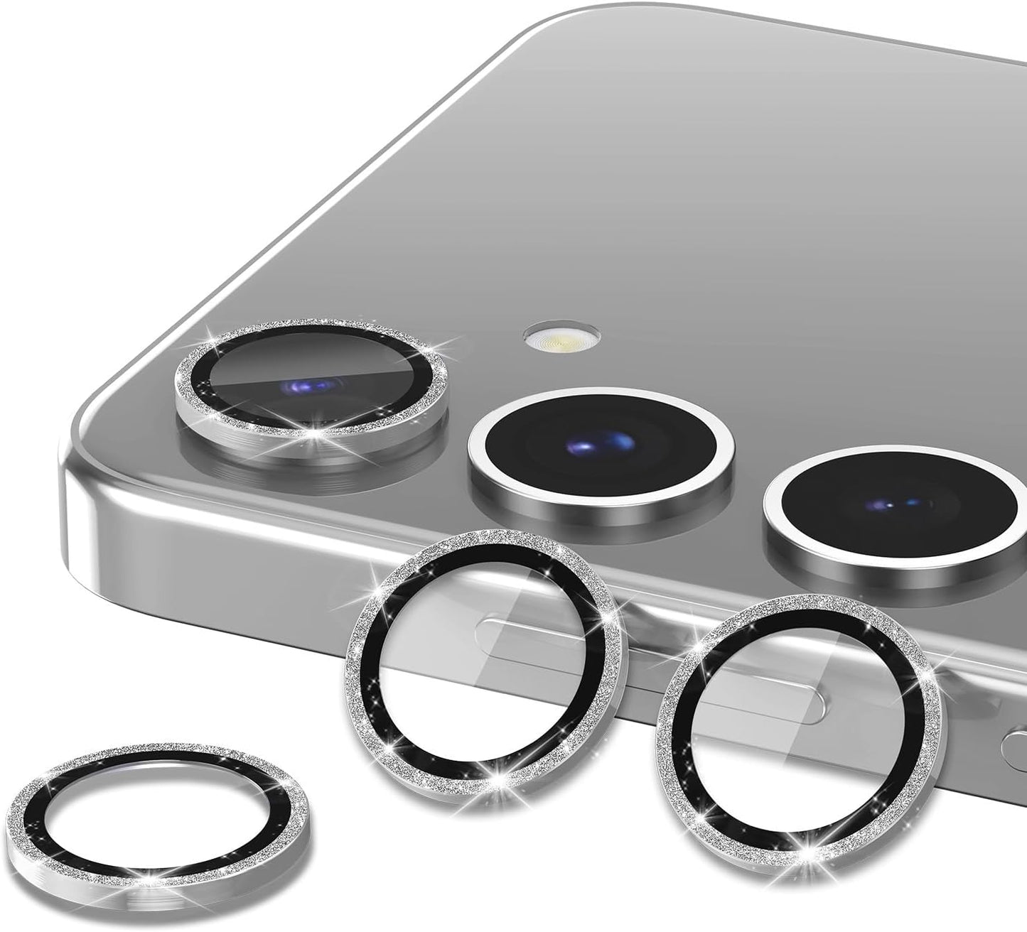 for Samsung Galaxy S24 FE Camera Lens Protector, Individual Metal Ring Tempered Glass Lens Cover, [Strong Adsorption] Scratch Resistant Ultra-Thin HD Clear Lens Cover, 1 Set-Silvery Sparkly