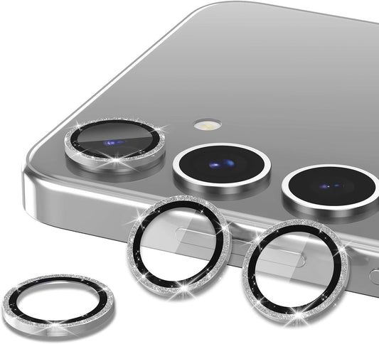 for Samsung Galaxy S24 FE Camera Lens Protector, Individual Metal Ring Tempered Glass Lens Cover, [Strong Adsorption] Scratch Resistant Ultra-Thin HD Clear Lens Cover, 1 Set-Silvery Sparkly