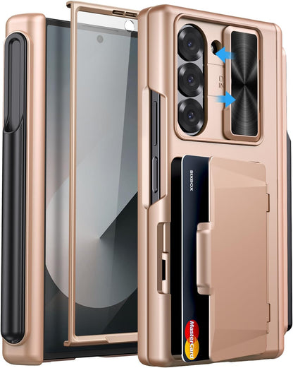 for Samsung Galaxy Z Fold 6 Case with Card Holder & S Pen Holder & Screen Protector & Slide Camera Protection & Hinge Protection, Shockproof Wallet Phone Case for Z Fold 6 5G 2024, Rose Gold