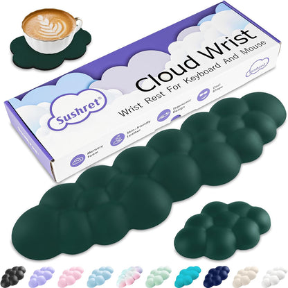 Cloud Wrist Rest Keyboard, Cloud Keyboard Wrist Pad Set with PU Leather Memory Foam, Cute Arm Rest for Palm Support, PC/Gaming Desk Accessories/Office Setup/Computer Hand Cushion - Dark Green