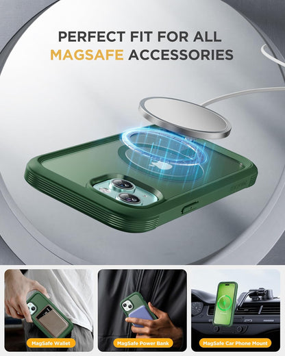 Miracase Glass Series for iPhone 15 Case [Compatible with MagSafe] Full-Body Magnetic Case with Built-in 9H Tempered Glass Anti-Fingerprint Screen Protector + Camera Lens Protector, Matte Green