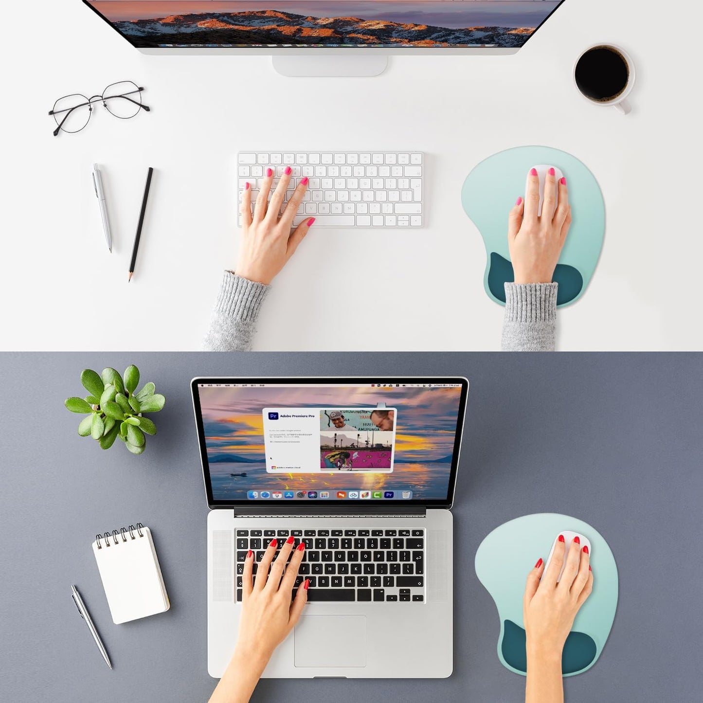 ITNRSIIET Ergonomic Mouse Pad, Cushioned Gel Wrist Rest, Non-Slip Base, Smooth Surface, Cute Multi-Color, 9.5 x 8.2 in, Light Green to White