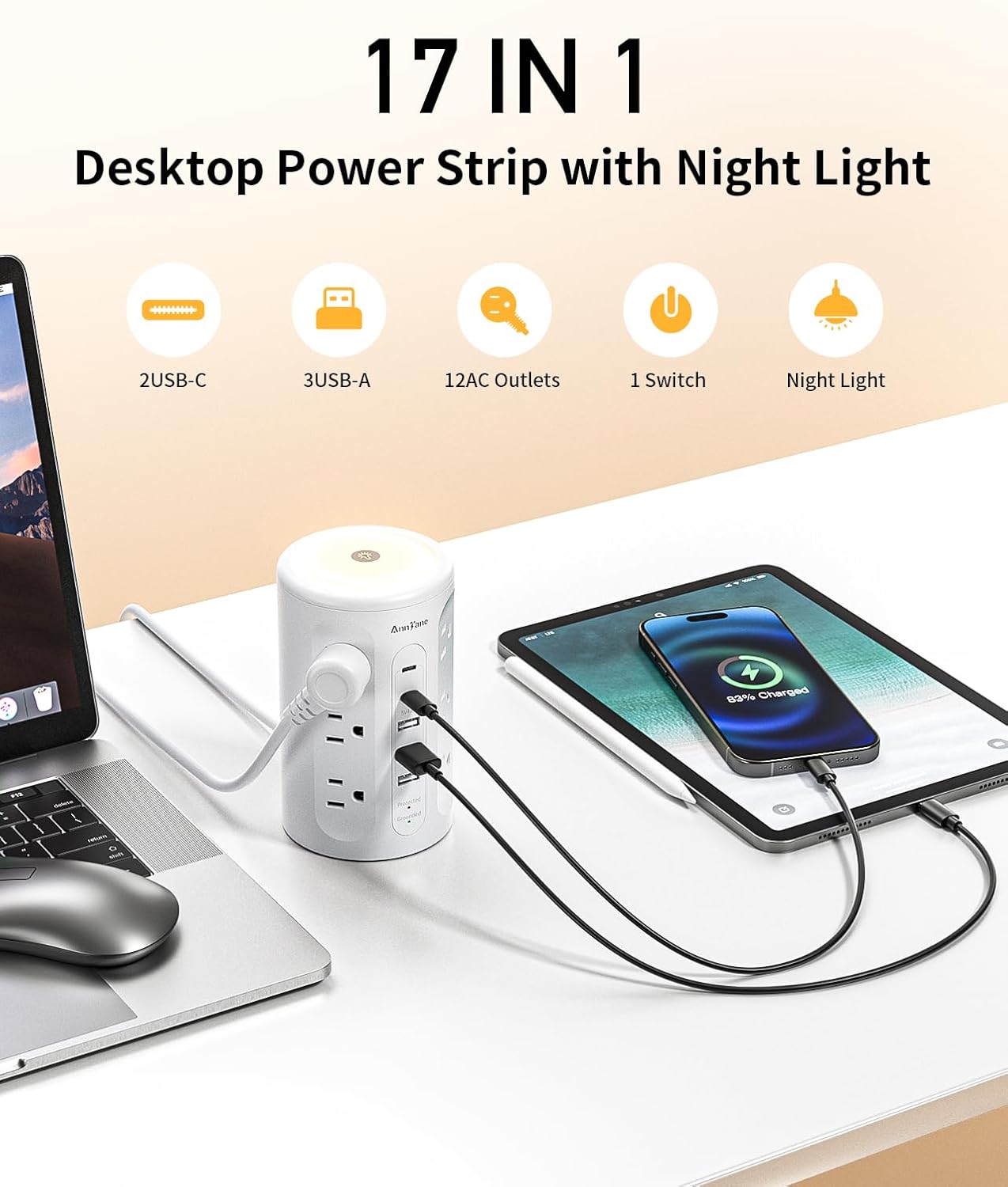 Power Strip Tower with Night Light, 15W Surge Protector Power Strip with USB Ports, 10 FT Extension Cord with Multiple Outlets (12AC+3A+2C) for Home Office Desk DormRoom (White)