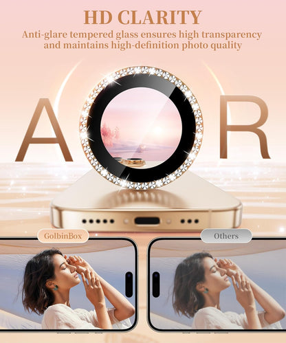 GolbinBox Camera Lens Protector for iPhone 16 Pro Max/16 Pro, 1:1 Invisible Fit, 9H Tempered Glass Ultra HD Metal Individual Camera Cover Screen Protectors for Women, Case Friendly, Bling/Desert Gold