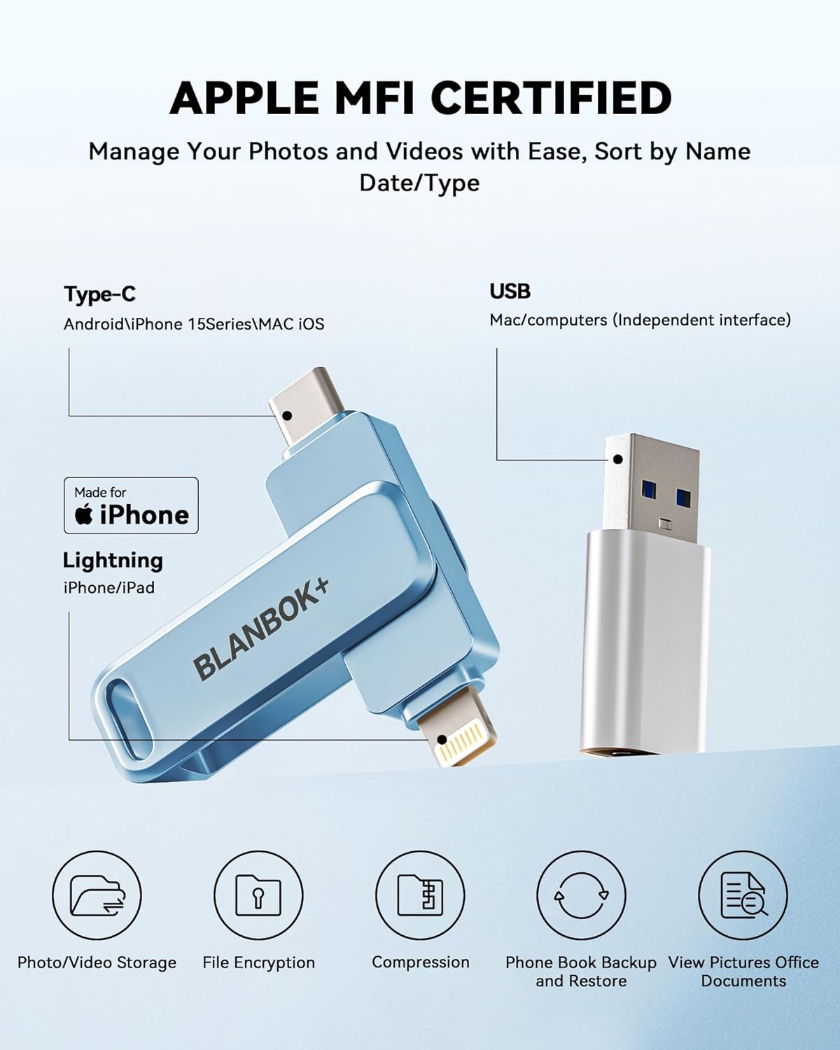MFi Certified 256GB Flash Drive for iPhone Photo Stick, USB Thumb Drive Memory Stick High Speed USB Drive Photo Storage for iPhone Flash Drive Compatible for iPhone/iPad/Android/PC (Blue)