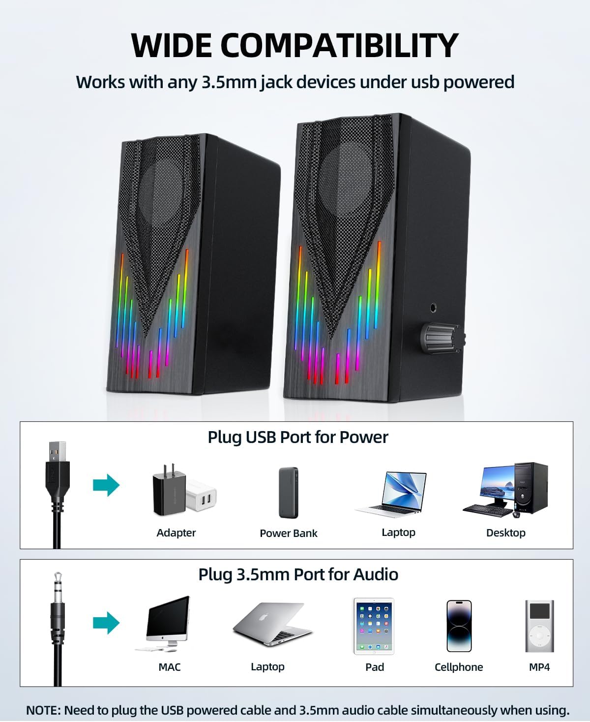 Computer Speakers with 6 Colorful RGB Lights,USB Powered 3.5mm Aux with Loud Stereo Sound,Headphone-in for Desktop,PC/Laptop/Tablet Phone