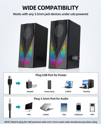 Computer Speakers with 6 Colorful RGB Lights,USB Powered 3.5mm Aux with Loud Stereo Sound,Headphone-in for Desktop,PC/Laptop/Tablet Phone