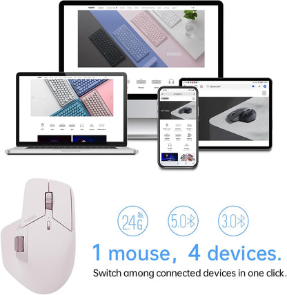 Rapoo MT760 Multi-Device Wireless Mouse, Bluetooth 5.0 and 2.4GHz Multi-Mode Connection, Up to 4 Devices, 11 Programmable Buttons, 4K DPI, Ergonomic Design, 90 Days Battery Life, PC, Pink