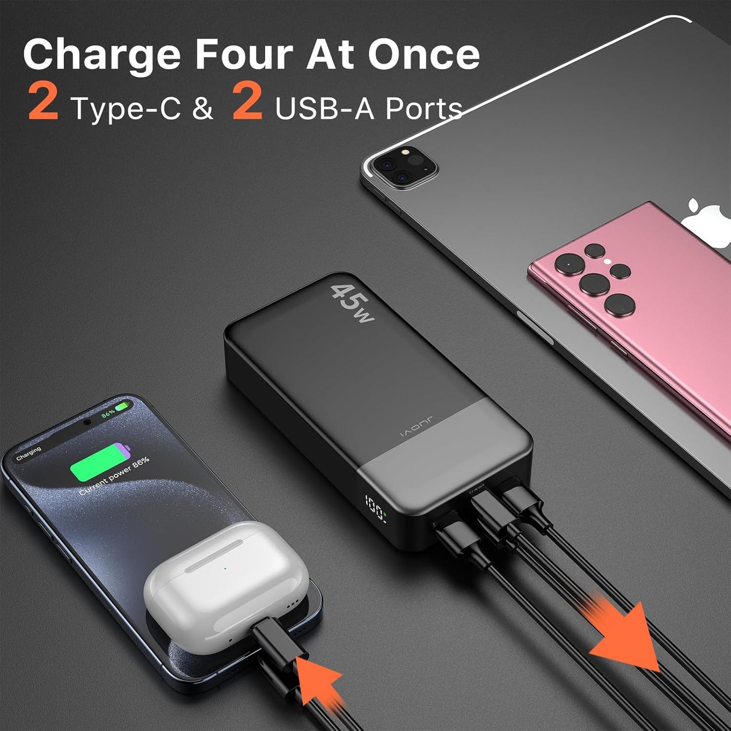 Portable Power Bank, 20000mAh 45W Portable Charger, PD3.0 QC4.0 Fast Charging with LED Display, 2 USB-C, 2 USB-A, Battery Pack for iPhone 15 14 13 Series, MacBook, Galaxy, iPad, and More (Black)