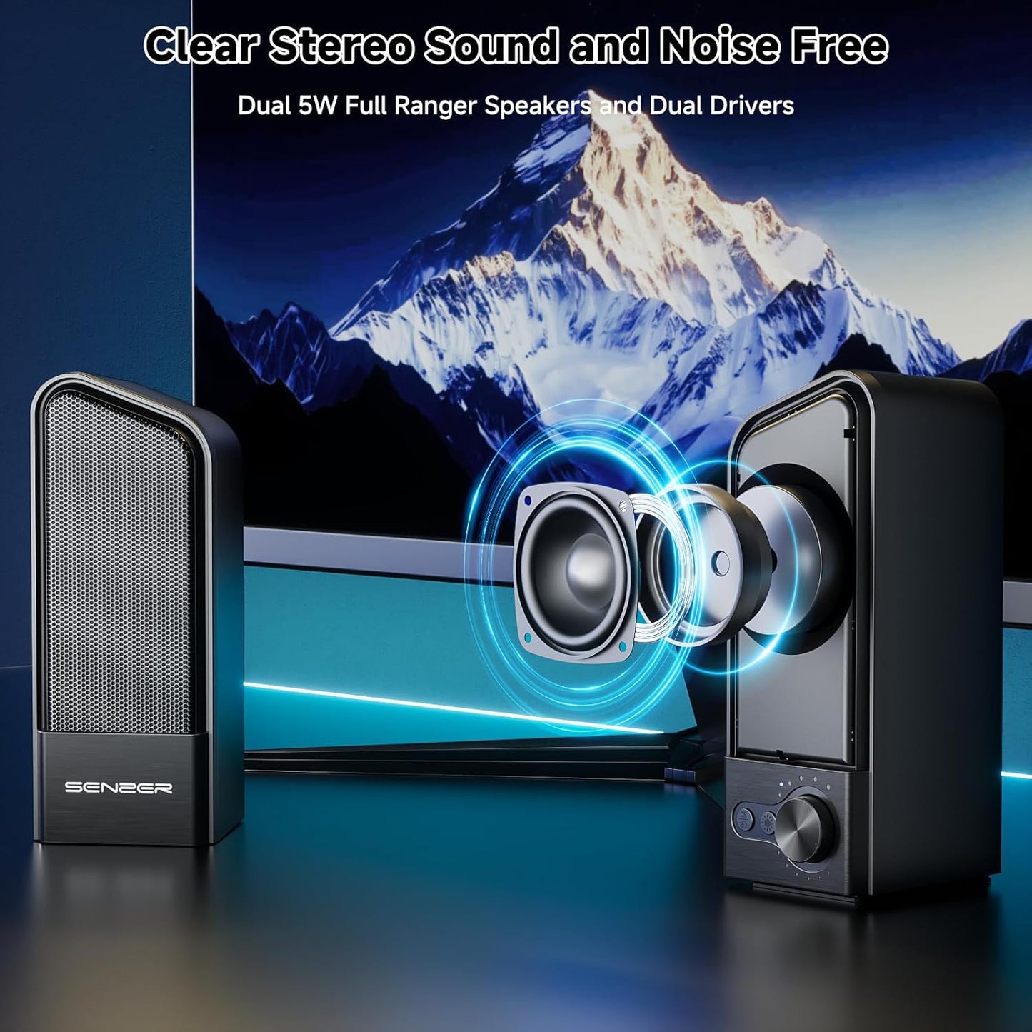 SENZER CS20 2 in 1 Bluetooth Computer Speakers for Desktop, USB Plug & Play Clear Sound PC Speakers with RGB Light, Monitor Sound Bar with Volume Knob, Gaming Speaker for PC Laptop Phone Tablet