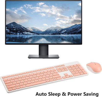 Wireless Keyboard and Mouse Combo, 2.4G Silent Cordless Keyboard Mouse Combo for Windows Chrome Laptop Computer PC Desktop, 106 Keys Full Size with Number Pad, 1600 DPI Optical Mouse (Pink)