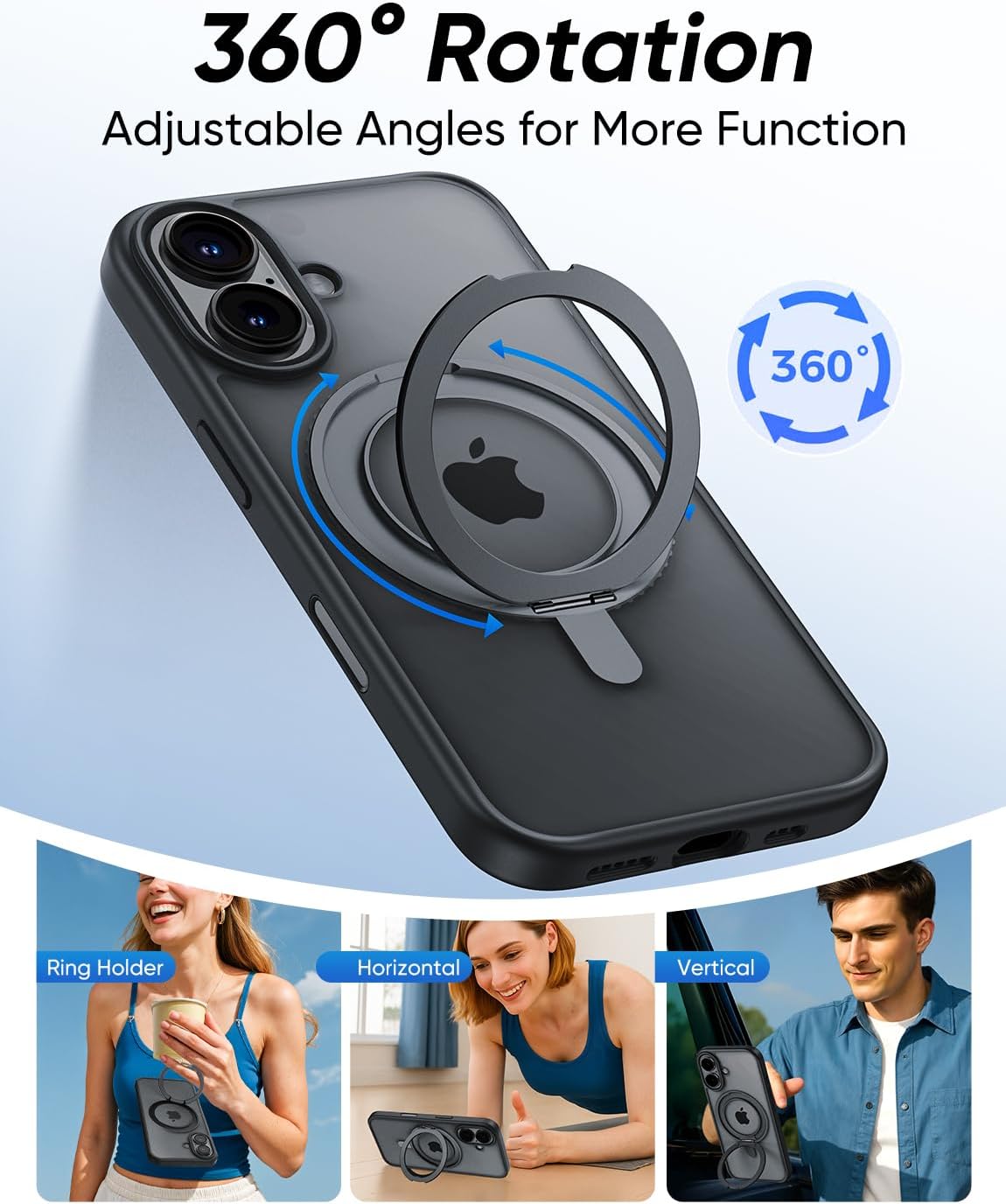 MAGIC JOHN 360° Rotatable Magnetic Invisible Stand for iPhone 16 Case [Camera Control Button] [Compatible with MagSafe] 16FT Shockof for iPhone 16 Case with Kickstand, Black