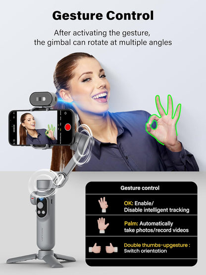 Gimbal Stabilizer for Smartphone AI Tracking(No App), 3-axis Gimbal with OLED Display/Built-in Light, Stabilizer for iPhone&Android, AOCHUAN X Pro Grey AI Version
