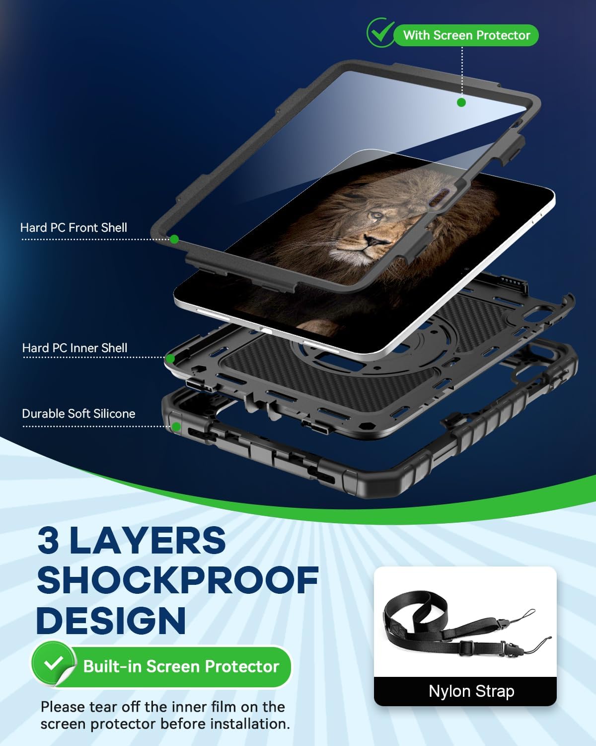 Cantis Case for iPad 11-inch (A16) 2025/ iPad 10th Generation 2022 (10.9 inch) with Screen Protector, iPad 11th Case with 360 Degree Rotating Stand/Shoulder Strap/Pencil Holder, Black