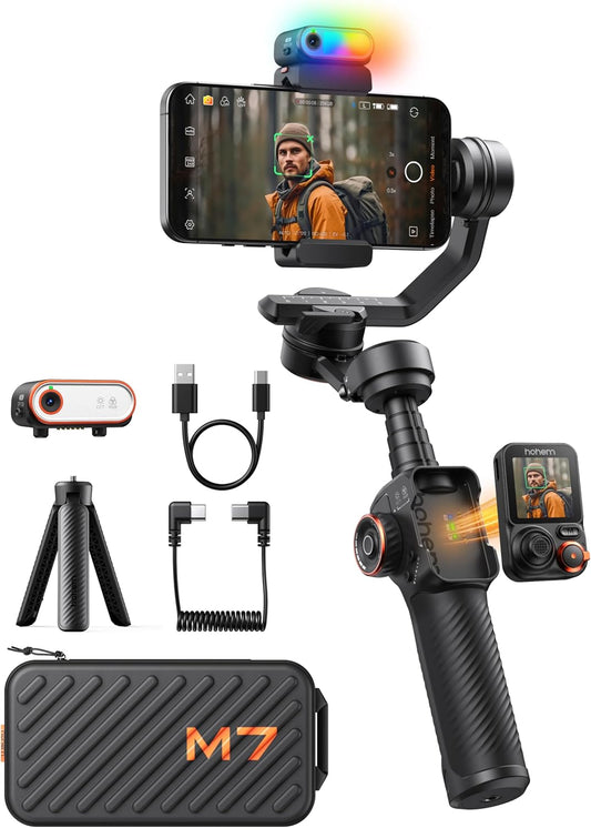 Hohem iSteady M7 Smartphone Gimbal Stabilizer, AI Tracking Sensor with Fill Light, 1.4" Full Color Detachable Touchscreen Remote Control, Built-in Extension Rod, 3-axis Phone Gimbal for iPhone Android