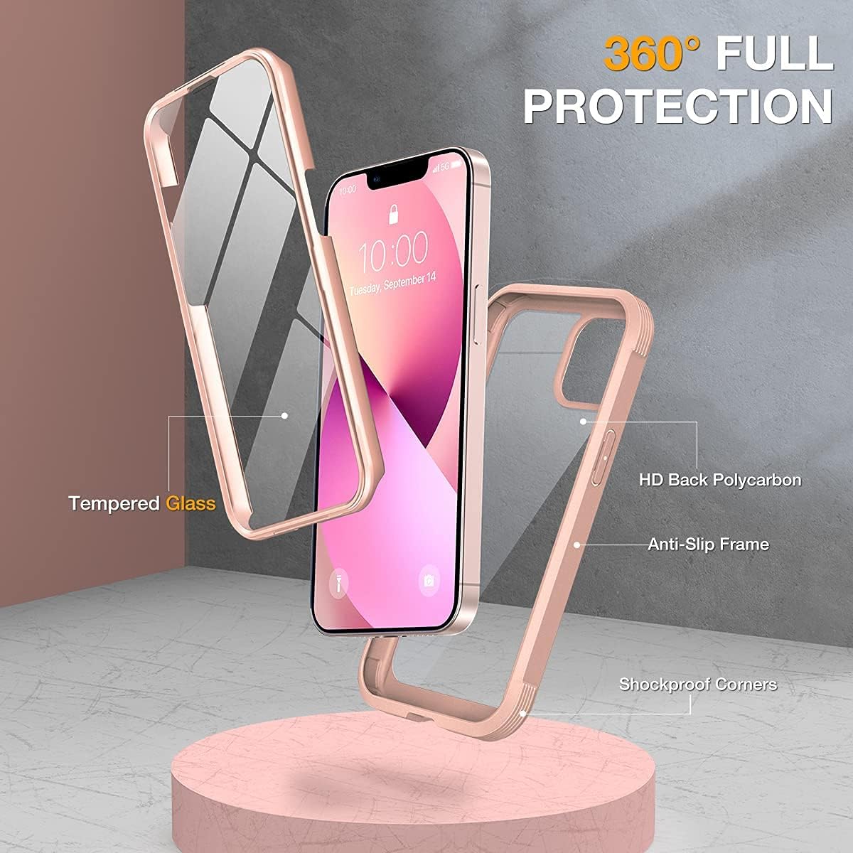 Miracase Compatible with iPhone 13 Mini case 5.4 inch, 2023 Upgrade Full-Body Glass Clear Case Bumper Case with Built-in 9H Tempered Glass Screen Protector for iPhone 13 Mini,Crystal Pink