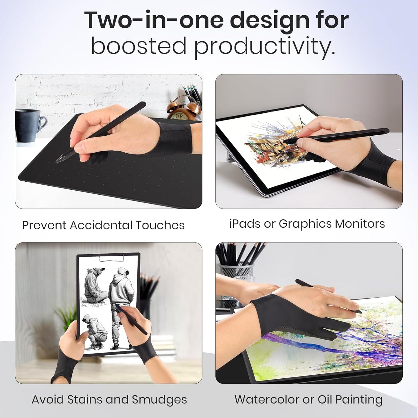 Digital Drawing Glove: 3-Layer Palm Rejection, Two-Finger Artist Glove for Drawing Tablet, iPad, Paper Sketching, Fits Left and Right Hand, Includes Cleaning Cloth(2 Pack,Black,Large)