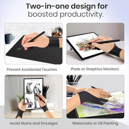 Digital Drawing Glove: 3-Layer Palm Rejection, Two-Finger Artist Glove for Drawing Tablet, iPad, Paper Sketching, Fits Left and Right Hand, Includes Cleaning Cloth(2 Pack,Black,Large)