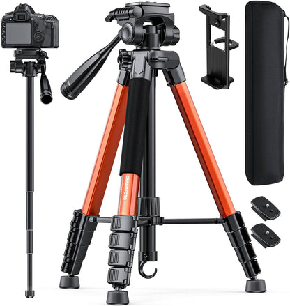 73" Camera Tripod and Monopod, Professional Aluminum Tripod Stand for Mirrorless Camera/DSLR/Cell Phone/Camcorder/GoPro, with Phone Holder and Travel Bag (Burnt Orange)