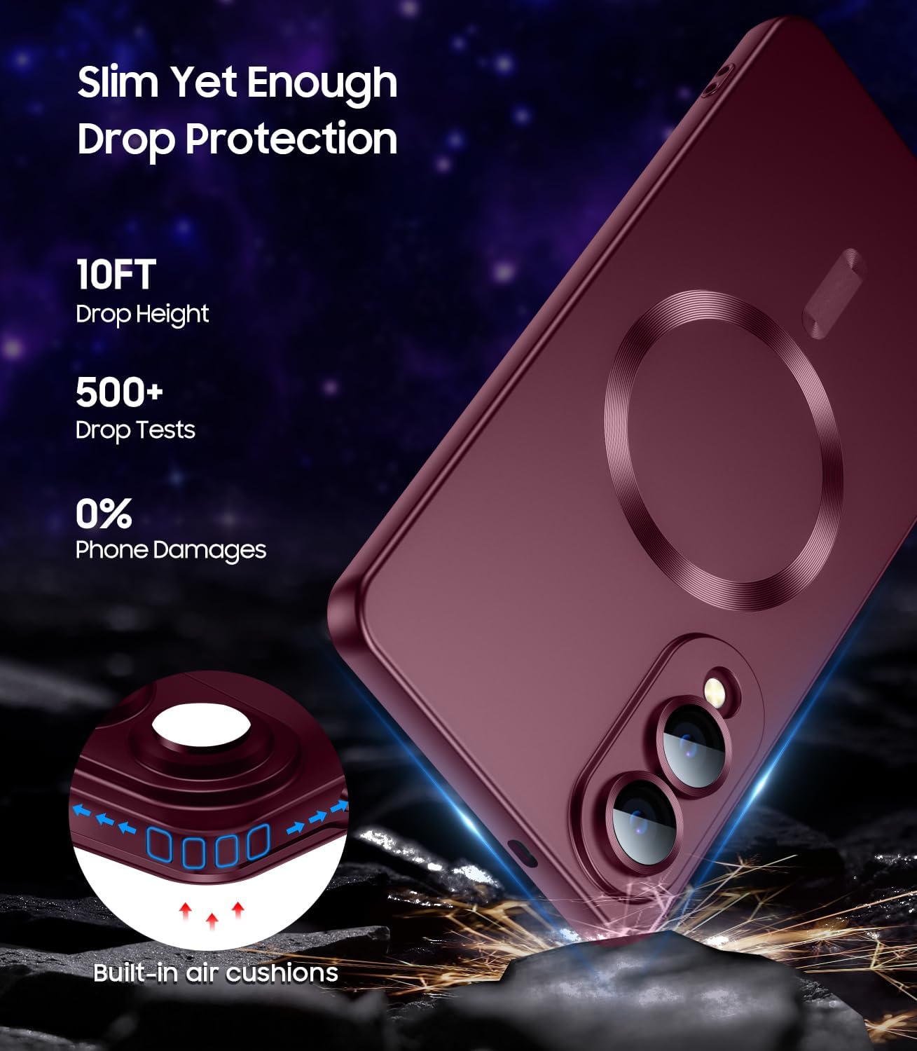 Magnetic for Samsung Galaxy S25 Edge Case [Compatible with MagSafe][Built-in Camera Lens Protector] Slim Soft Silicone Bumper Shockproof Metallic Luster Phone Case (Burgundy)