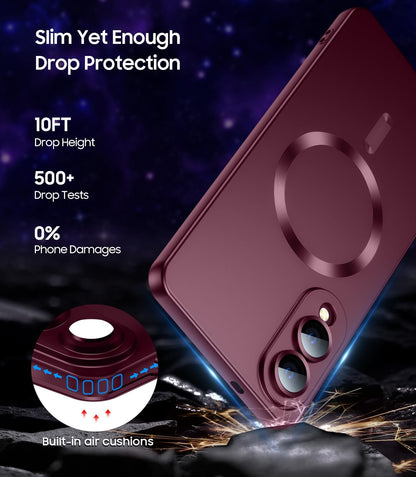 Magnetic for Samsung Galaxy S25 Edge Case [Compatible with MagSafe][Built-in Camera Lens Protector] Slim Soft Silicone Bumper Shockproof Metallic Luster Phone Case (Burgundy)