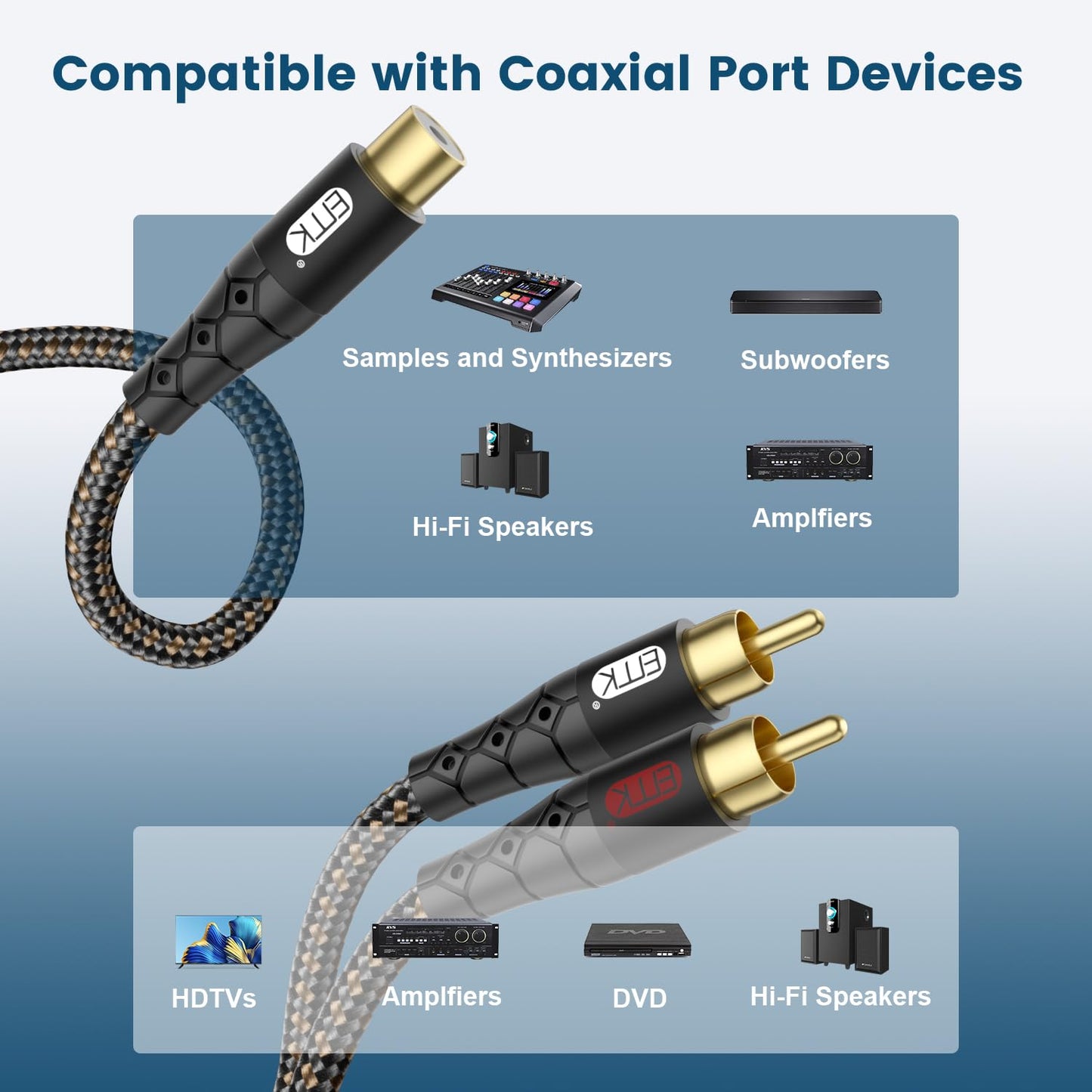 EMK RCA Splitter 2 Male to Female Extension Cable Dual Shielding Gold Plated Nylon Braided RCA Splitter 1 Female to 2 Male Cord Adapter Black/1ft/30CM