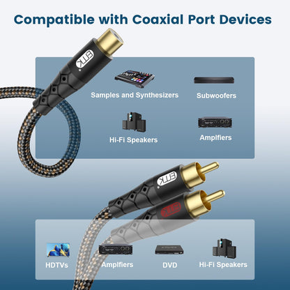 EMK RCA Splitter 2 Male to Female Extension Cable Dual Shielding Gold Plated Nylon Braided RCA Splitter 1 Female to 2 Male Cord Adapter Black/1ft/30CM