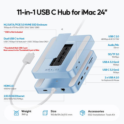 Upgraded 11 in 1 USB C Hub for iMac 24 inch USB Hub 2021 2023 2024 Support M.2 SSD (NOT Included), iMac Hub M1 M3 M4 Accessories, 4K HDMI, 2.5G Ethernet, 5 USB A/C Max 10Gbps, SD/TF - Blue