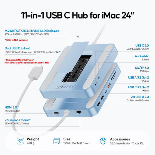 Upgraded 11 in 1 USB C Hub for iMac 24 inch USB Hub 2021 2023 2024 Support M.2 SSD (NOT Included), iMac Hub M1 M3 M4 Accessories, 4K HDMI, 2.5G Ethernet, 5 USB A/C Max 10Gbps, SD/TF - Blue