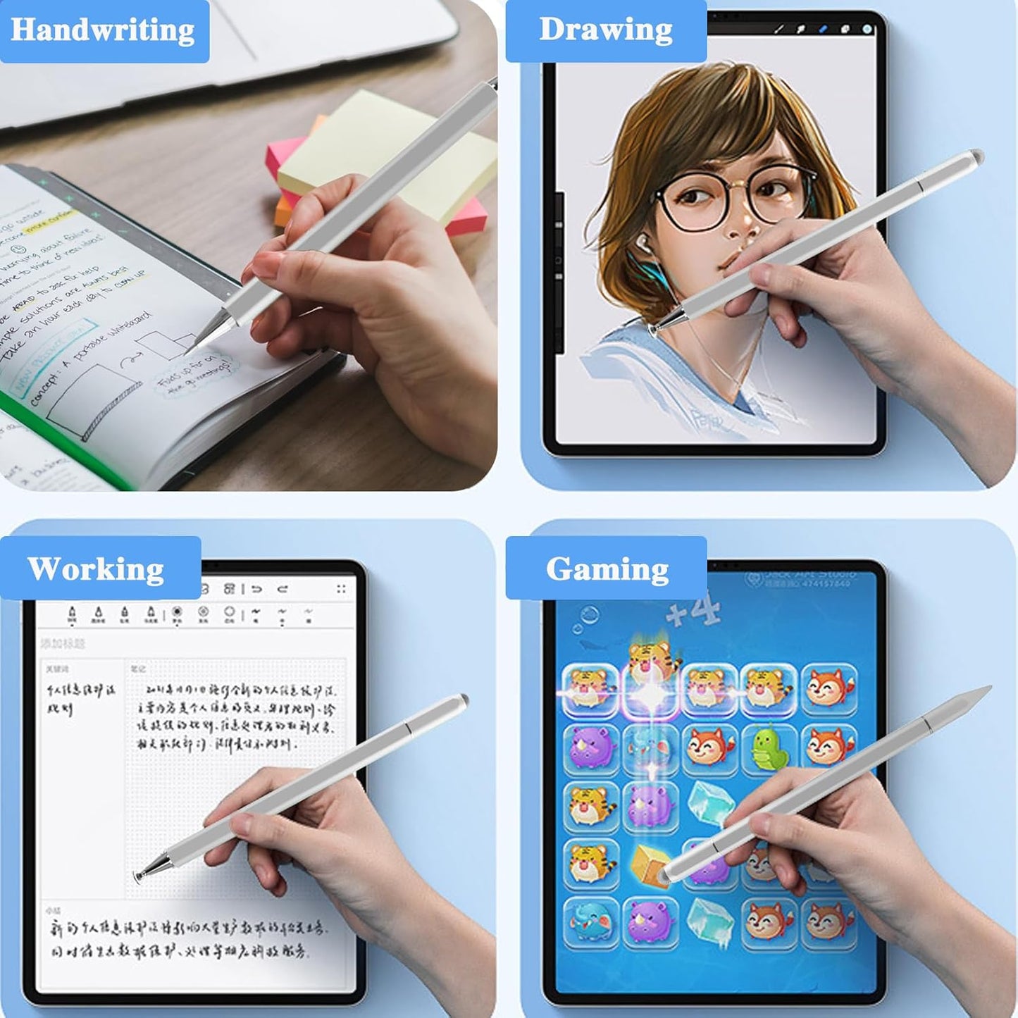 Stylus Pens for iPad, Luntak 3 in 1 Ballpoint Pen, Fiber Tip & Clear Disc Capacitive Stylus iPad Pencil for Apple iPhone/iPad Pro/Mini/Air/Android/Microsoft/Surface All Capacitive TouchScreen - Silver