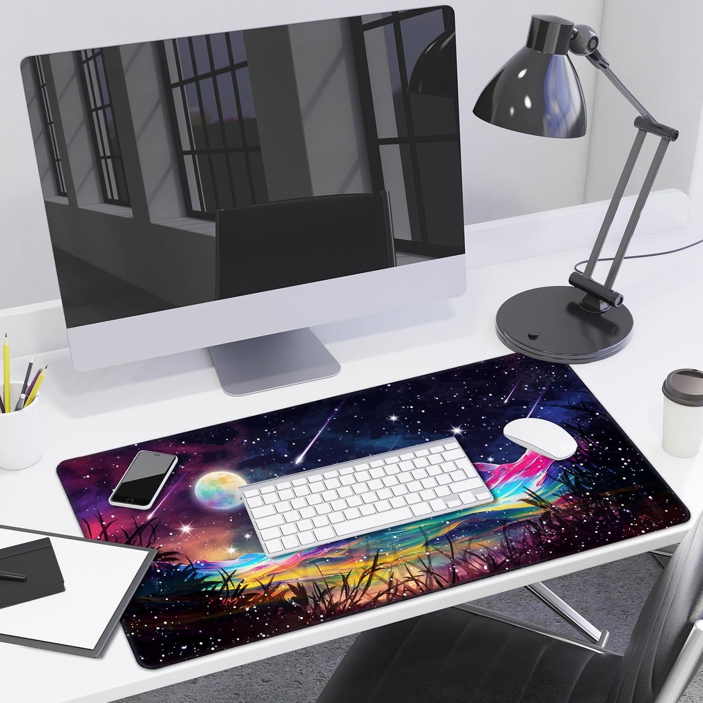 Lokigo Desk Pad Moon Meteor, Big Mouse Pad Mountains Boys Girls Extended Large Gaming Mouse Pad for Desk Non-Slip Rubber Base Stitched Edges DeskMat Work Office Laptop Keyboard DeskMatt