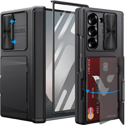 Vihibii for Samsung Galaxy Z Fold 6 Case with Card Holder & Slide Camera Cover & Screen Protector & Hinge Protection, Heavy Duty Rugged Wallet Phone Case for Samsung Galaxy Z Fold 6 2024, Black