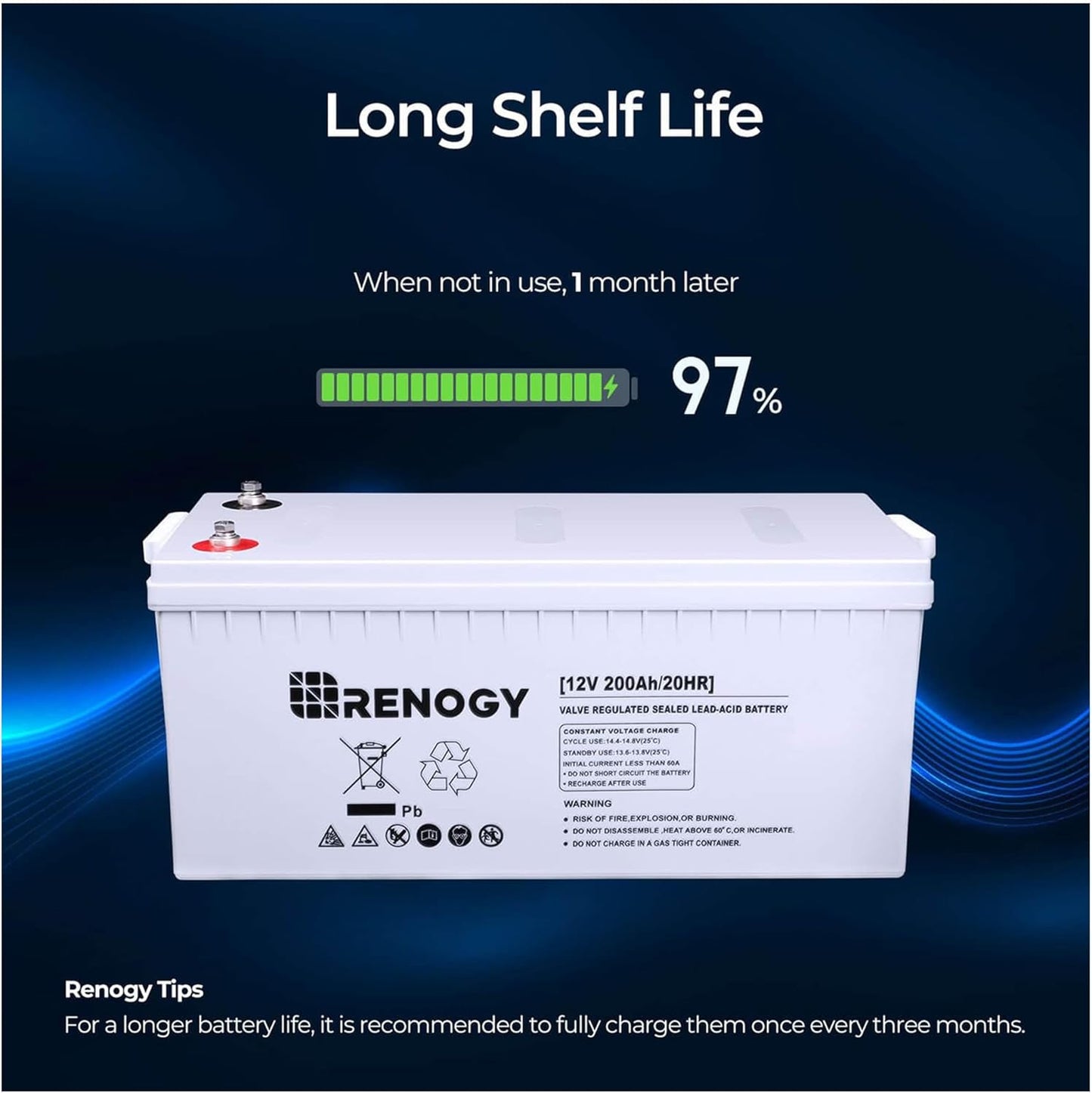 Renogy Deep Cycle AGM Battery 12 Volt 200Ah, 3% Self-Discharge Rate, 2000A Max Discharge Current, Safe Charge Most Home Appliances for RV, Camping, Cabin, Marine and Off-Grid System, Maintenance-Free