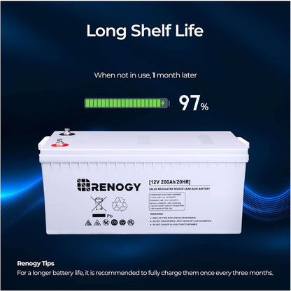 Renogy Deep Cycle AGM Battery 12 Volt 200Ah, 3% Self-Discharge Rate, 2000A Max Discharge Current, Safe Charge Most Home Appliances for RV, Camping, Cabin, Marine and Off-Grid System, Maintenance-Free