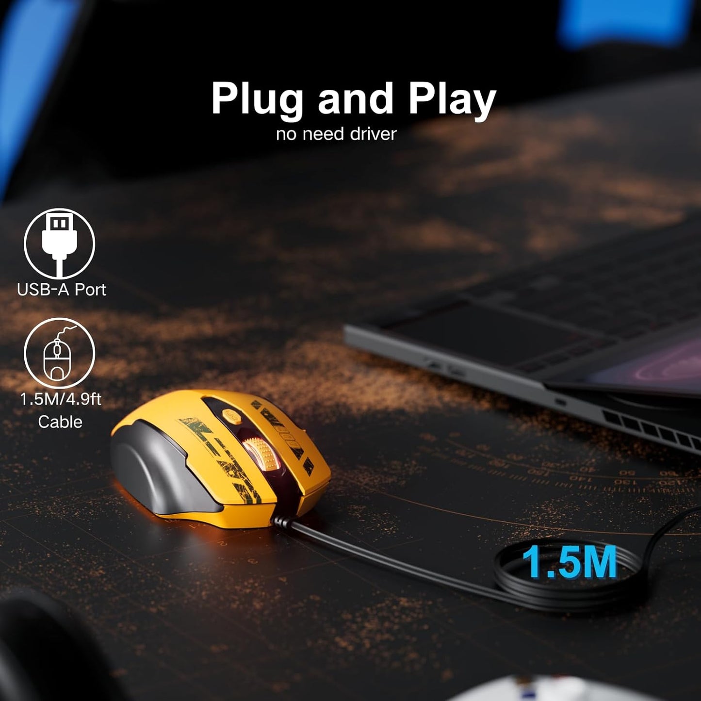 Wired Mouse, USB Mouse Wired with 6 Buttons Ergonomic Design,1.5M USB Cable Computer Mice 7200DPI Mice for PC Laptop, Yellow