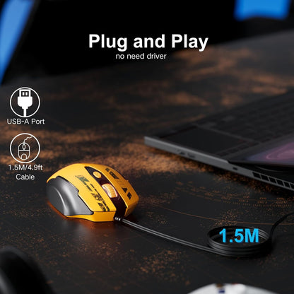 Wired Mouse, USB Mouse Wired with 6 Buttons Ergonomic Design,1.5M USB Cable Computer Mice 7200DPI Mice for PC Laptop, Yellow