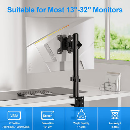 H&C(hcck&Cllassp) Single Monitor Stand for 13-27" Monitors up to 17.6lbs, Adjustable Heights and Angles Monitor Arm, Desk Mount Stand with C-Clamp, VESA 75x75mm or 100x100mm, Black