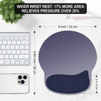 ITNRSIIET Ergonomic Mouse Pad with Wider Memory Foam Wrist Rest +17% - Curved Cushion Reduces Pressure 20%, Pain Relief, Non-Slip, Smooth, Cute Colors, 9.85 x 9 in, Gray Blue Gradient
