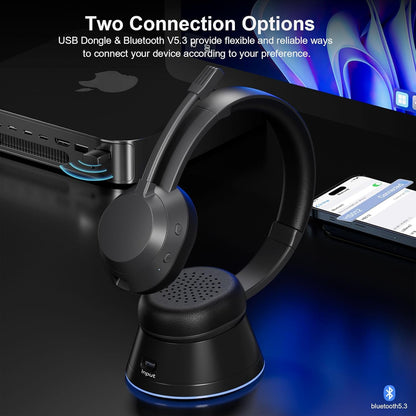 Wireless Headset with Mic for Work, Bluetooth Headset with Microphone (Noise Cancellation), Wireless Headphones with USB Dongle & Charging Dock for Call Center/Home/Computer/PC/Laptop/Teams/Zoom