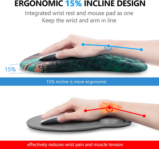 Mouse Pad Wrist Support, Laokiiy 2 in1 Keyboard Wrist Rest+ Ergonomic Mouse Pad, Non-Slip Wrist Rest for Computer Keyboard, Made Easy Typing & Relieve Wrist Pain（Green Gold Black Marble）