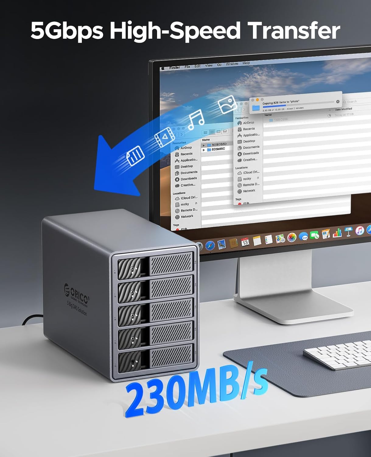 ORICO 5 Bay DAS Hard Drive Enclosure USB 3.0 for SATA 3.5 inch SSDs HDDs Bracket-Free External Hard Drive Bay Max up to 110TB ( Alluminum Alloy) -9858U3