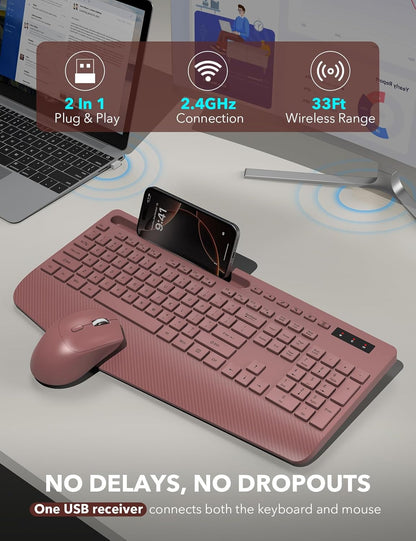 Wireless Keyboard and Mouse Combo - Full-Sized Ergonomic Keyboard with Wrist Rest, Phone Holder, Sleep Mode, Silent 2.4GHz Cordless Keyboard Mouse Combo for Computer, Laptop, PC, Mac, Windows