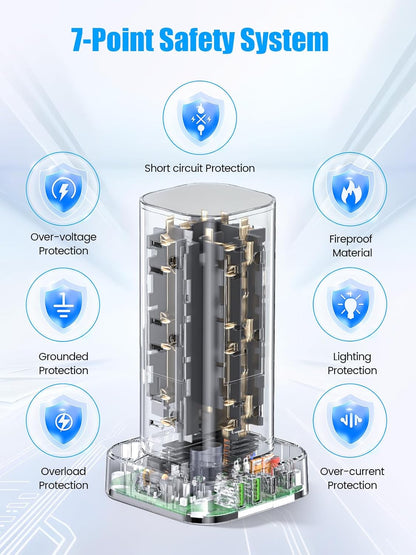 Tower Power Strip with 15W Wireless Charger, 10FT Flat Plug Extension Cord with Multiple Outlets, 12 AC Outlets, 4 USB Ports (2 USB C) Charging Station Surge Protector for Office Home Dorm Room(White)