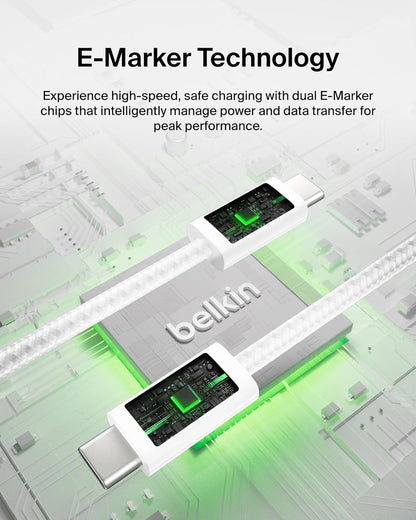Belkin USB C to USB C Cable, 9.9ft, 240W - Type C Charger, iPhone Charger Cord, Soft, Braided, Flexible for iPhone 17, Galaxy S25, Pixel 10, MacBook, Chromebook, iPad Pro, Switch Steam Deck – White