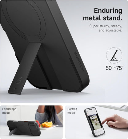 SURITCH for iPhone 16 Plus Case with Magnetic Camera Slide Cover and Adjustable Kickstand, Compatible with MagSafe, Shockproof Bumper Case Slim Protective Cover for iPhone 16 Plus 6.7 Inch, Black