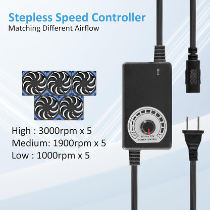 120mmx5 600mm Adjustable Computer PC Vent Fans 3V-12V Speed Controller for Flexible Arrange Rack Space Window Wall Cabinet Server Mining Rig Chicken Coop Exhaust Cooling