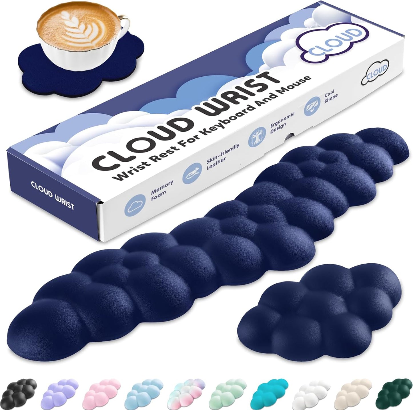 Cloud Wrist Rest for Keyboard and Mouse, Memory Foam PU Leather Keyboard Wrist Rest with Ergonomic Support, Non-Slip Base, Cute Arm Rest Pad & Palm Cushion, Office Desk Accessory, Dark Blue