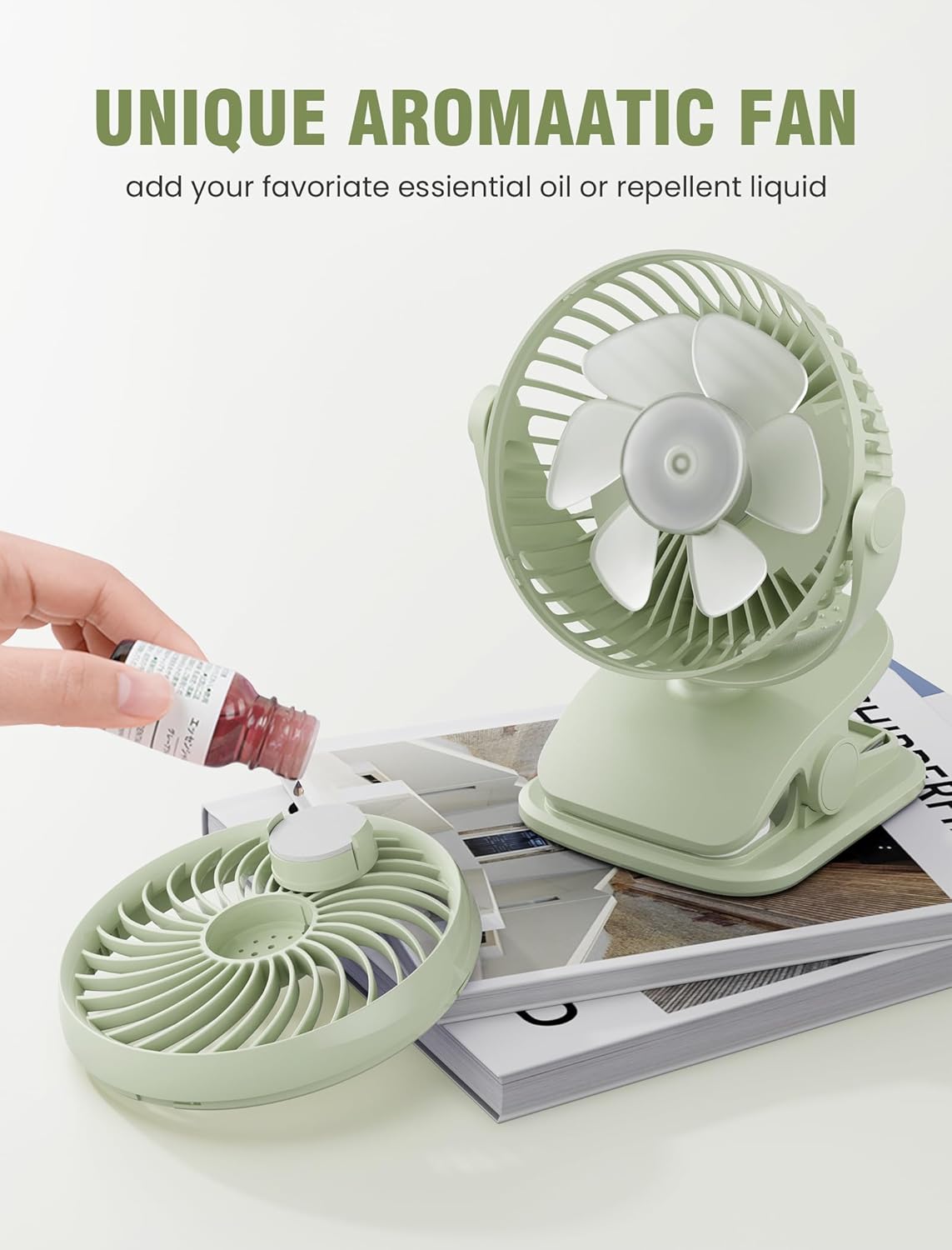 Shinebella AA Battery Powered Clip on Fan with 4-Speed, 5’’ Small Desk Fan with Aroma Function, USB Powered, 360°Rotation, Ultra Quiet, for Golf Cart, Stroller, Bedroom,Car(Batteries Not Included)