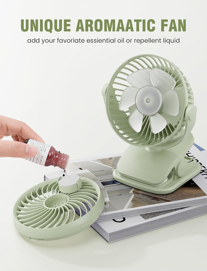 Shinebella AA Battery Powered Clip on Fan with 4-Speed, 5’’ Small Desk Fan with Aroma Function, USB Powered, 360°Rotation, Ultra Quiet, for Golf Cart, Stroller, Bedroom,Car(Batteries Not Included)